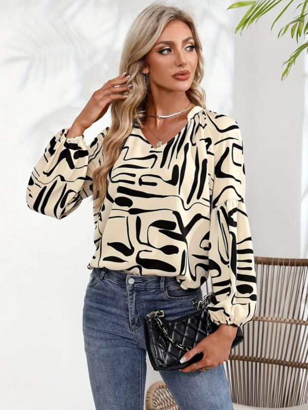 Printed Notched Long Sleeve Blouse For Discount - Image 4