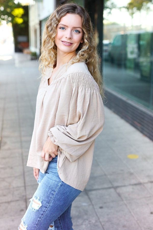 Boho Vibes Notched Neck Smocked Bubble Sleeve Top in Taupe For Discount - Image 4