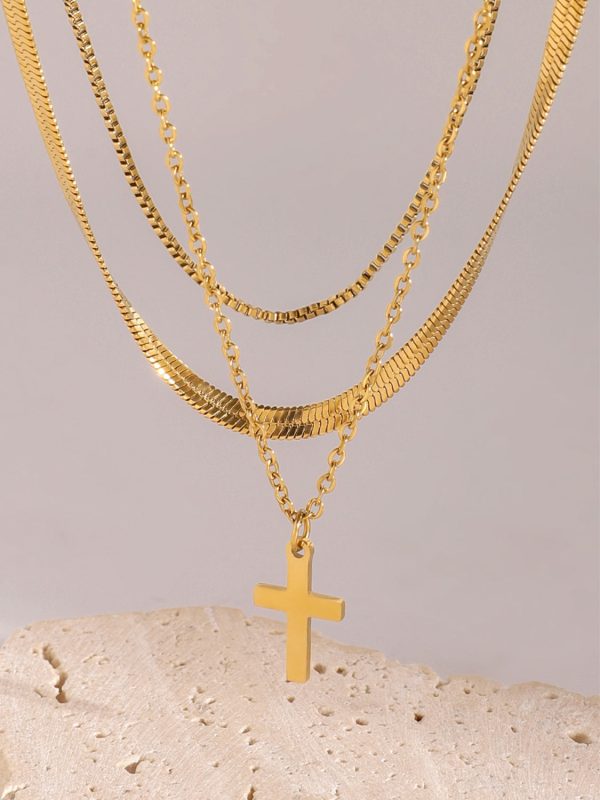 18K Gold-Plated Three-Layered Cross Necklace Fashion
