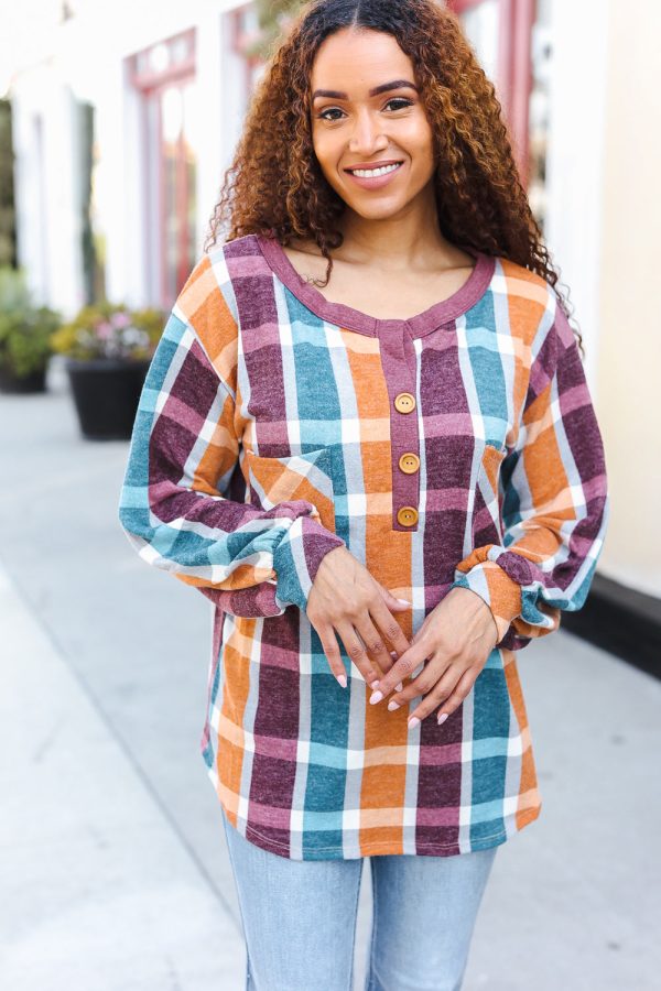 Adorable In Plaid French Terry Henley Pocket Top Discount