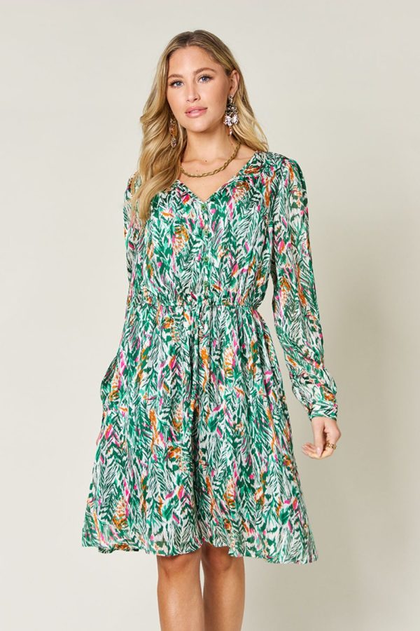 Printed Drawstring Waist Long Sleeve Dress (2 color options) For Cheap - Image 3