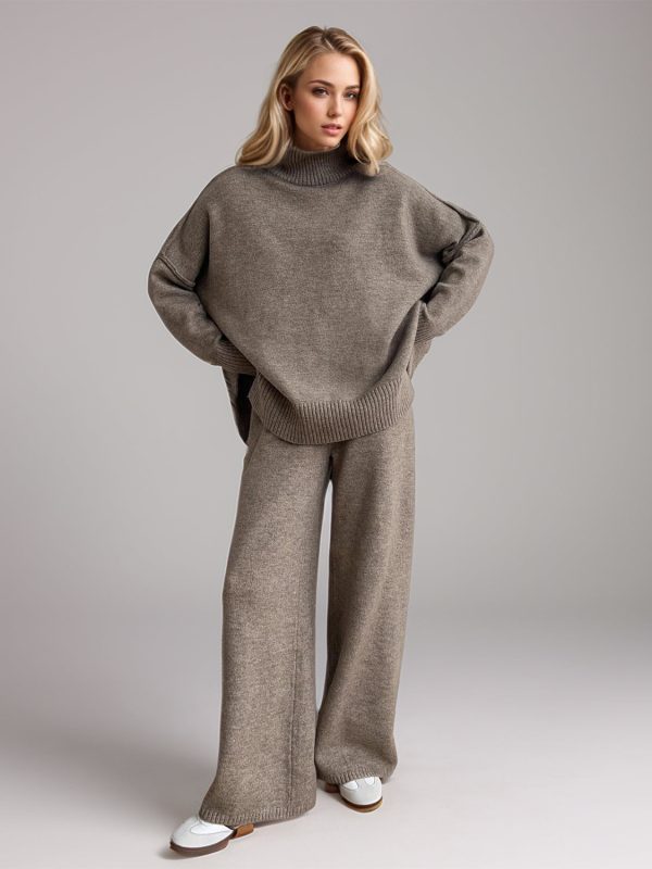 Slit Turtleneck Long Sleeve Top and Pants Sweater Set (multiple color options) Online now