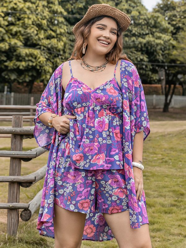 Printed Cami, Open Front Cover Up and Shorts Set Online Hot Sale - Image 3