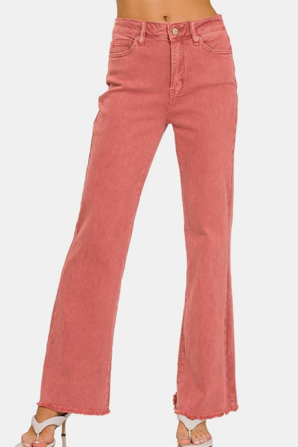 Acid Washed Frayed Hem Bootcut Jeans in Cabernet on Sale