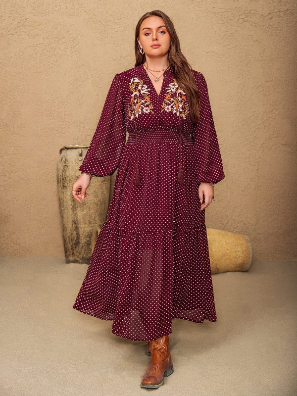Embroidered Polka Dot Tie Neck Long Sleeve Midi Dress For Sale - Image 4