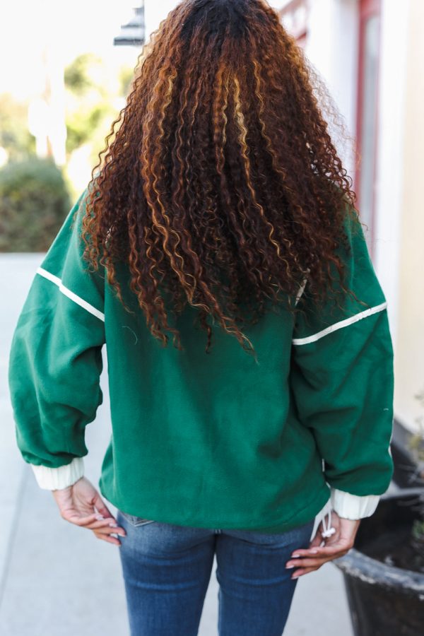 Catch Glances Cinched Waist Half Zip Up Fleece Jacket in Green Online - Image 2