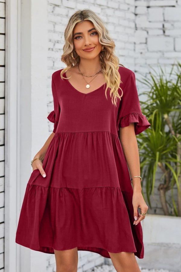 Mandy V-Neck Flounce Sleeve Tiered Dress (multiple color options) Fashion