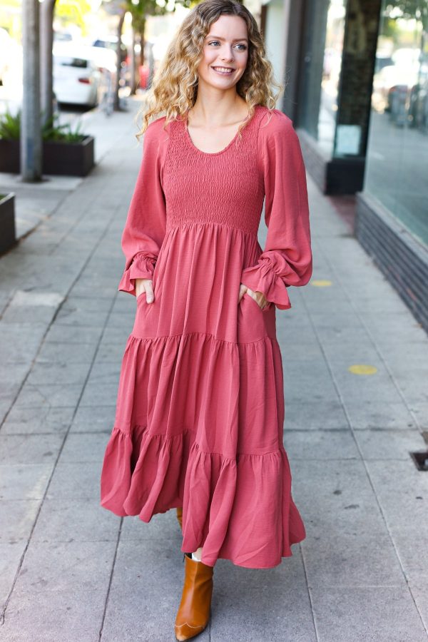 Beautiful You Smocked Ruffle Sleeve Maxi Dress in Marsala For Discount
