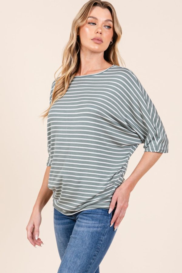 Striped Boat Neck Dolman Sleeve Top in Dusty Olive Online Hot Sale - Image 3