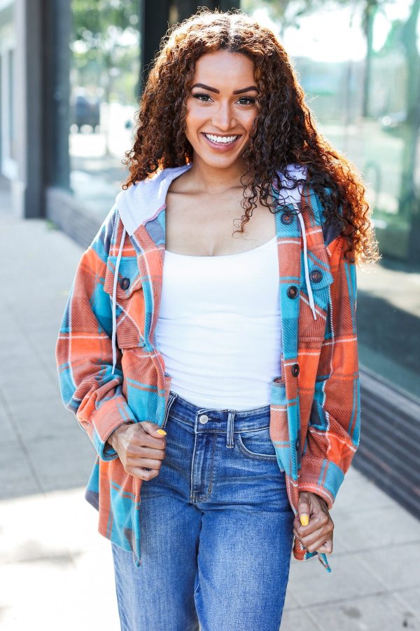 Stand Out Teal & Orange Plaid Fleece Hoodie Shacket Online now