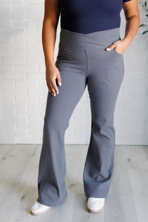 Building Habits Twill Flared Crossover Waist Pant in Titanium Supply