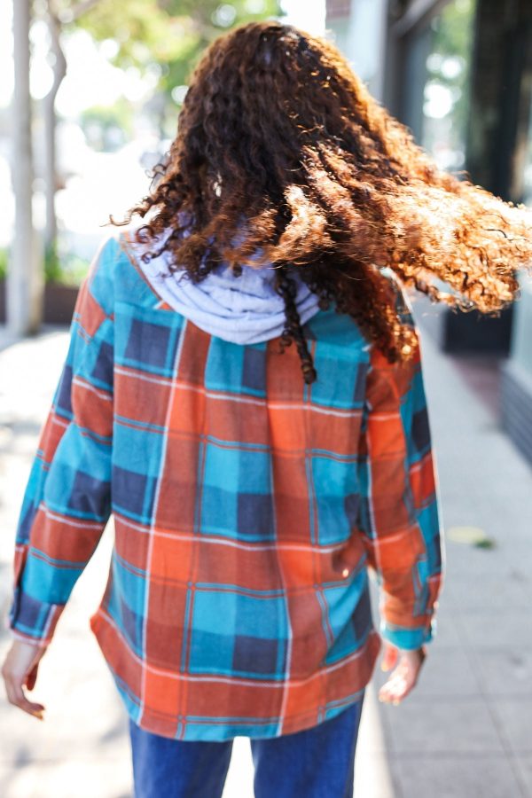 Stand Out Teal & Orange Plaid Fleece Hoodie Shacket Online now - Image 5