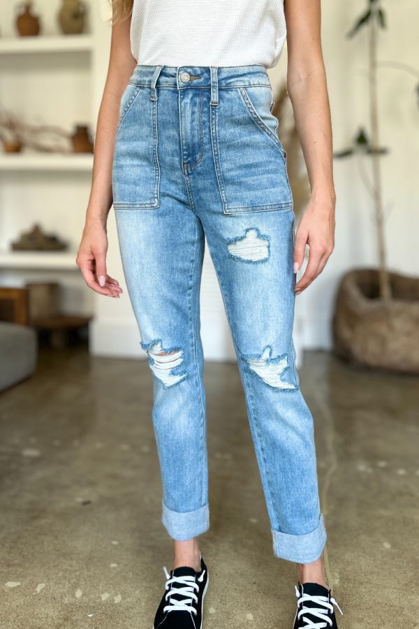 Judy Blue Distressed Straight Jeans with Patch Pockets Discount - Image 4