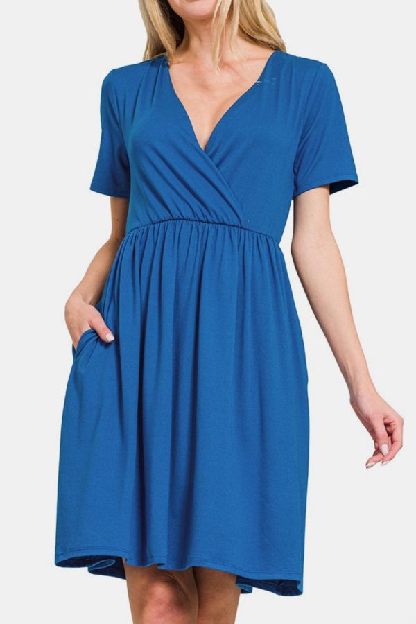 Surplice Short Sleeve Brushed DTY Dress in Classic Blue Fashion - Image 2