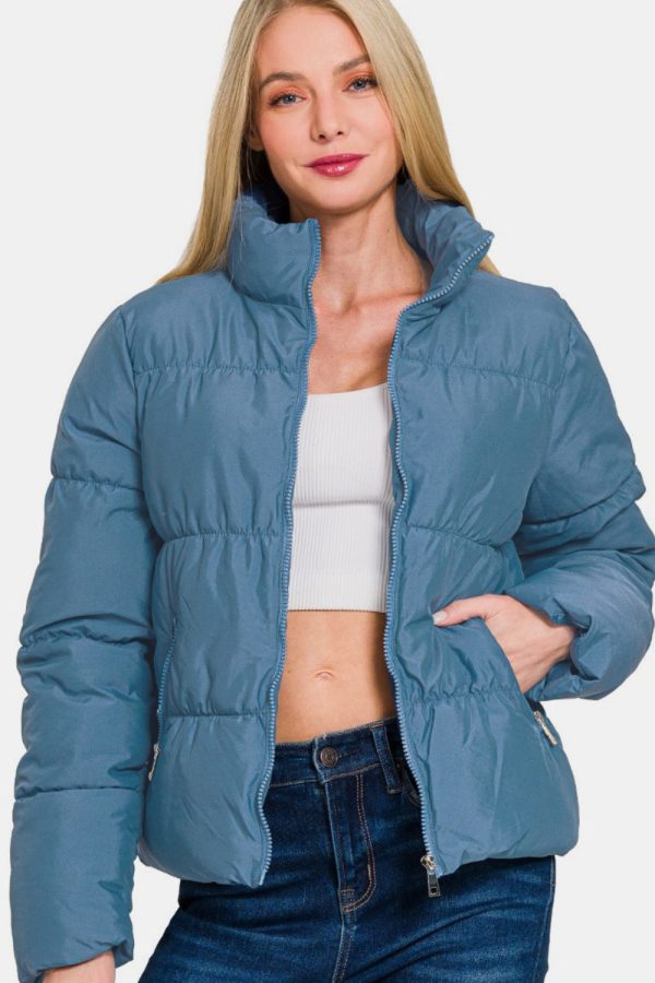 Zip Up Turtleneck Puffer Jacket with Pockets in Dusty Blue Online